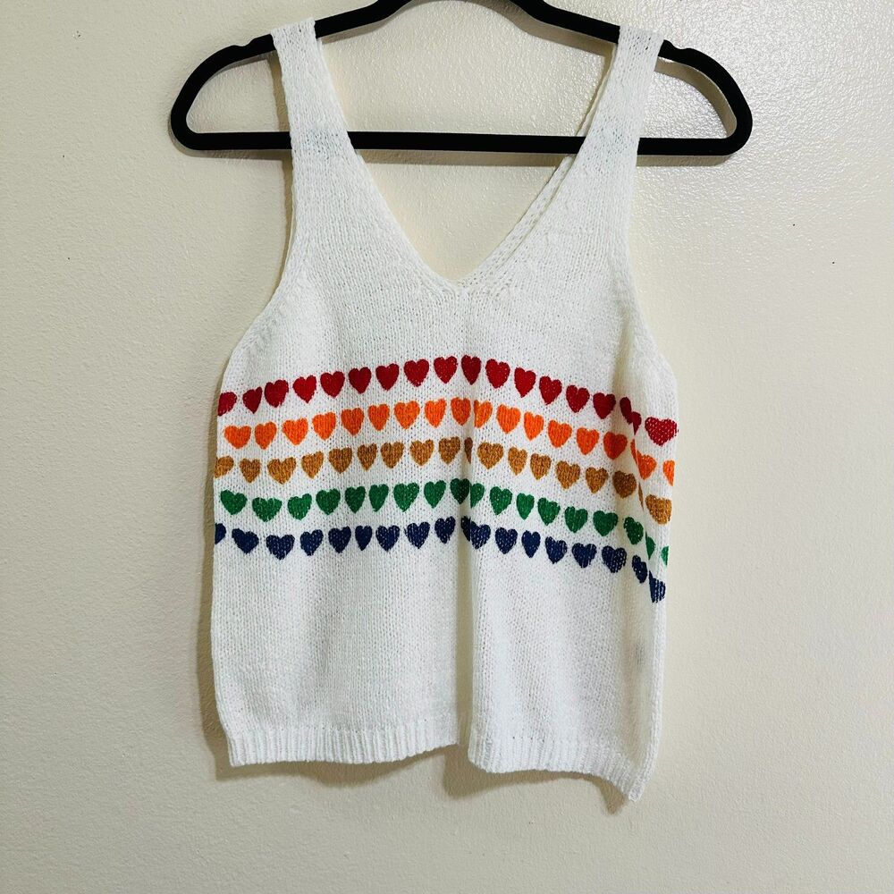 Moon & Madison Crochet Tank Top Size L Rainbow Hearts Knit Pride BOHO
